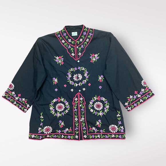 Caro of Honolulu Vintage Mandarin Collar Loop Button‎ Embroidered Tunic Size 12 - Picture 1 of 8